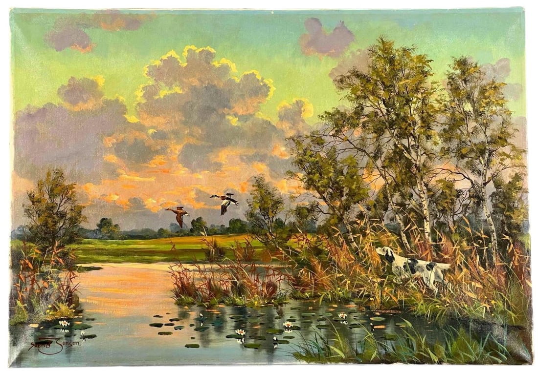 Kim Svend Jensen (1947-2000), Lake Landscape With English Setter Dog, Oil On Canvas (1 of 10)