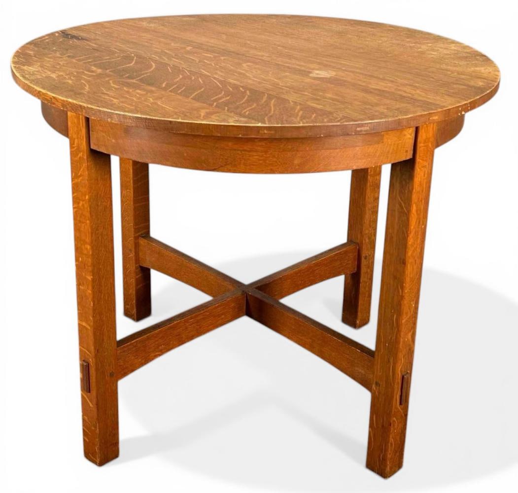 L. & J.G. Stickley Mission Oak Lamp Table: L. & J.G. Stickley Mission Oak Lamp Table. Marked "The Works of L. & J.G. Stickley." Approximately 36.0W x 29.5H in. Please note that winning bidders are not required to select the Live Shipping optio