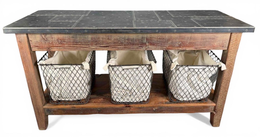 Brigham's Furniture Zinc Top Reclaimed Wood Table With French Wire Baskets (1 of 19)