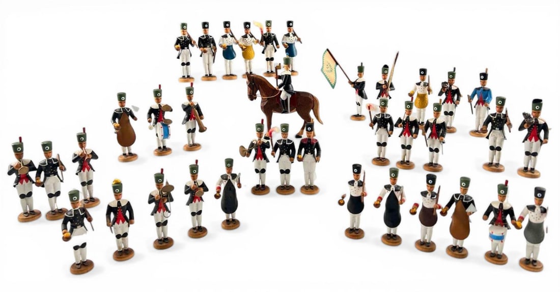 German Painted Wood Erzgebirge Miner Figures, 37 Pieces: German Painted Wood Erzgebirge Miner Figures, 37 Pieces. Largest approximately 4.875H x 4.25L x 1.125W in. Smaller pieces approximately 3.25H x 1.25W in. Please note that winning bidders are not requi