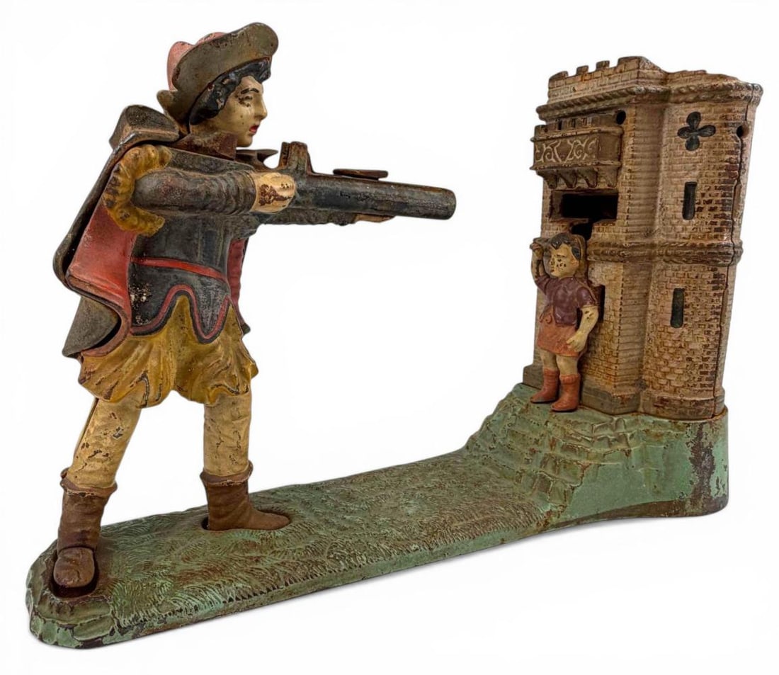 William Tell Mechanical Cast Iron Bank, 1896 Patent: William Tell Mechanical Cast Iron Bank, 1896 Patent. Marked "Patented June 1896." Approximately 10.25L x 6.62H x 3.63W in. Please note that winning bidders are not required to select the Live Shipping