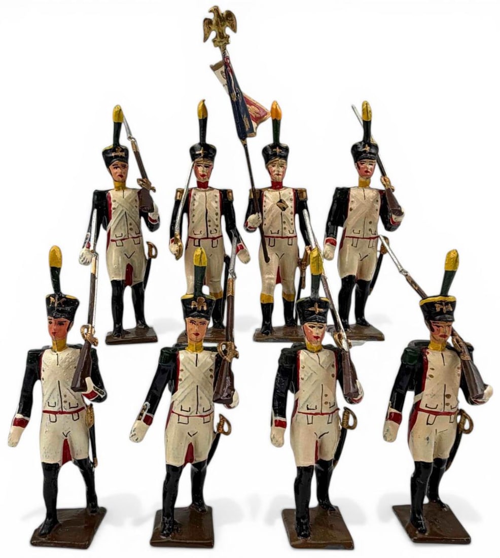 CBG Mignot, Napoleonic Wars, Skirmishers Of The 17th Line, 8 Pieces: CBG Mignot, Napoleonic Skirmishers Of The 17th Line, Lead Toy Soldiers, 8 Pieces. Marked "C.B.G. Made In France." 54mm. Largest approximately 3.25H x 1.48D x 0.85W in. Please note that winning bidders