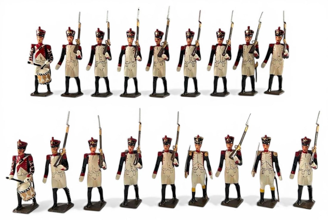 CBG Mignot Napoleonic Wars, Infantry Of The Line, 1809, 18 Pieces: CBG Mignot Napoleonic Wars, Infantry Of The Line, 1809, Lead Toy Soldiers, 18 pieces. Marked "C.B.G. Made In France." 54mm. Approximately 3.0H x 0.75W x 1.80D in. Please note that winning bidders are