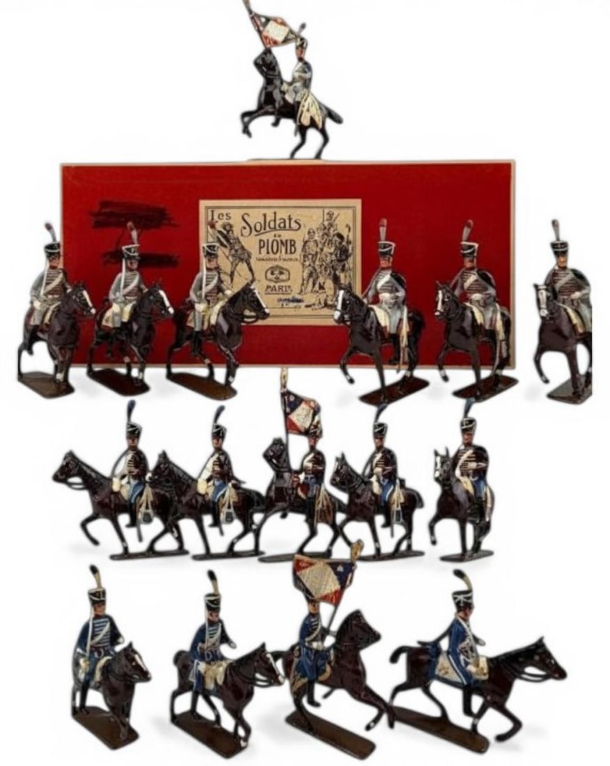 CBG Mignot, Napoleonic Wars, French 1st, 2nd & 3rd Regiment Of Hussars, 1808: CBG Mignot, Napoleonic Wars, French First, Second & Third Regiment Of Hussars, No. 224, 225 & 226, 1808, Lead Toy Soldiers, 16 pieces, Set No. 226 With Box. Marked "Made in France" and "C.B.G. Made In