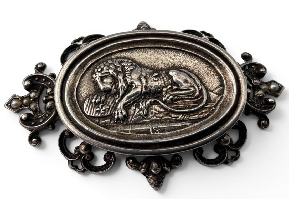 Antique Sterling Silver Seed Pearl Lion Brooch: Antique Sterling Silver Seed Pearl Lion Brooch, 10.7g. Signed "M&S," tests as sterling silver. Approximately 2.14 x 1.35in. Please note that pin back is loose. Provenance: From the collection of Louis