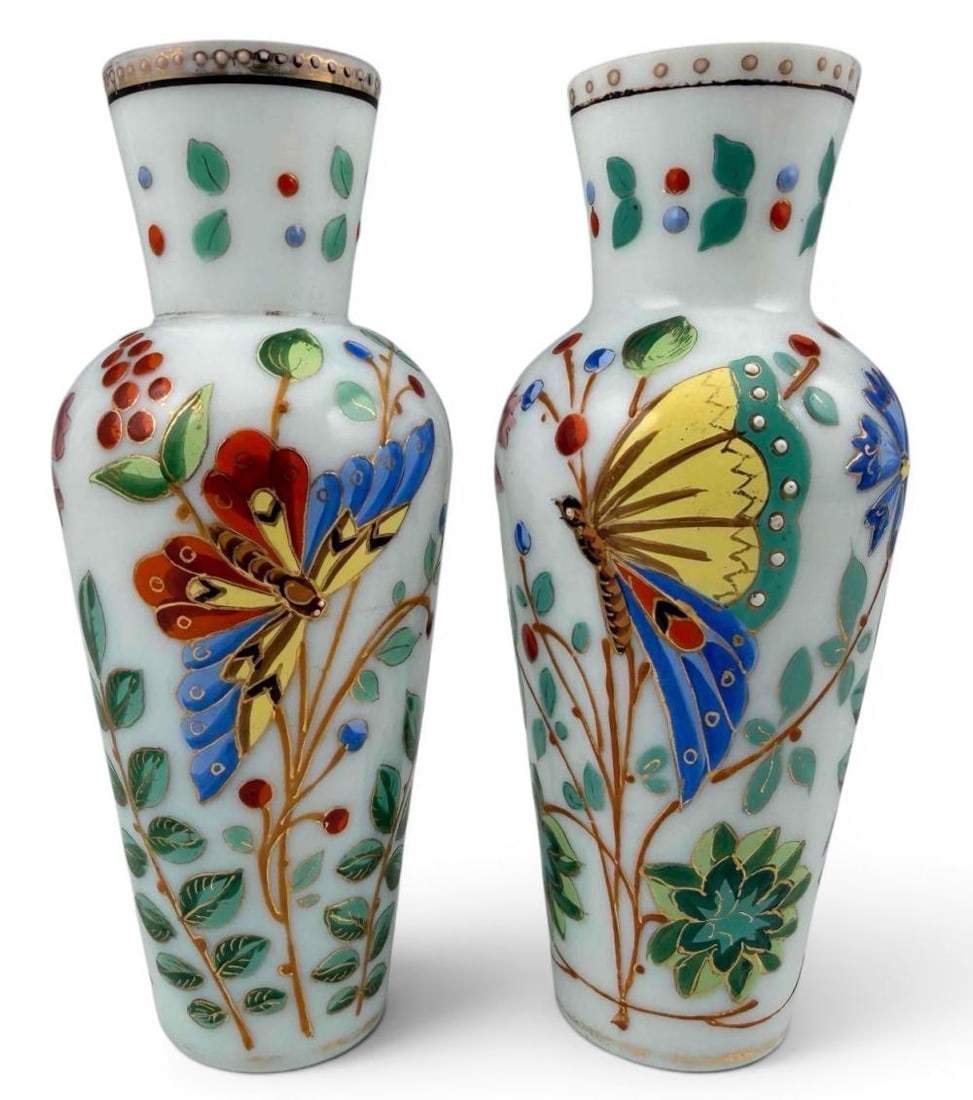 Pair Of Antique Enameled Glass Butterfly Vases: Pair Of Antique Enameled Glass Butterfly Vases. Each approximately 6.0H x 2.37W in . Please note that winning bidders are not required to select the LiveShipping option. Additional shippers are availa