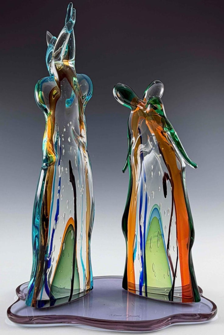 Murano Art Glass Sculpture, Dancers: Murano Art Glass Sculpture, Dancers. Signed illegibly. Approximately 22.5H x 14.125L x 7.5D in . Please note that winning bidders are not required to select the LiveShipping option. Additional shipper