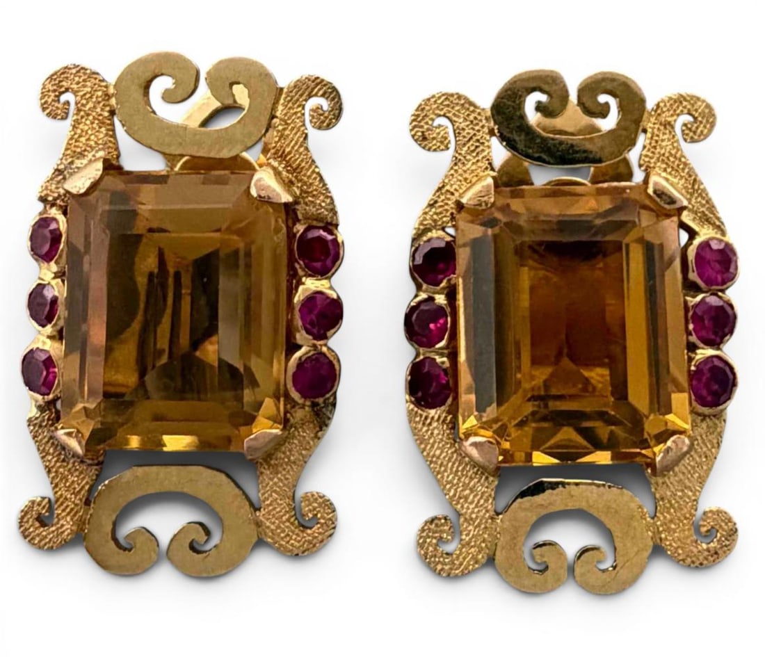 14K Citrine & Pink Sapphire Earrings: 14K Citrine & Pink Sapphire Earrings, 13.1g. Unmarked, test as 14K. Approximately 25.3 x 16.2mm. Citrine approximately 13.2 x 10.8mm. ALL CREDIT CARDS WILL BE MANUALLY VERIFIED PRIOR TO SHIPMENT . Ple