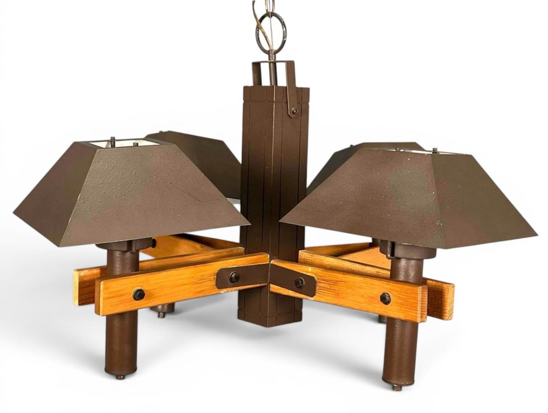 Craftsman Style Four Light Chandelier: Craftsman Style Four Light Chandelier, Mid 20th Century. Approximately 32.0W x 21.0H in . Please note that winning bidders are not required to select the LiveShipping option. Additional shippers are a