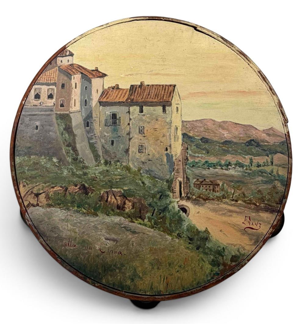 Early 20th Century Hand-Painted Tambourine, Italian Landscape Scene, Signed Franz (1 of 12)