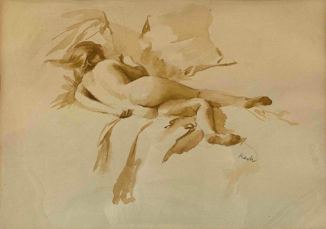 Attributed To John Koch (American, 1909-1978), Nude Study, Watercolor On Paper: Attributed To John Koch (American, 1909-1978), Nude Study, Watercolor On Paper. Signed "Koch," lower right. As framed approximately 23.0W x 19.0H x 1.0D in. Sight approximately 16.0W x 11.25H in . Ple
