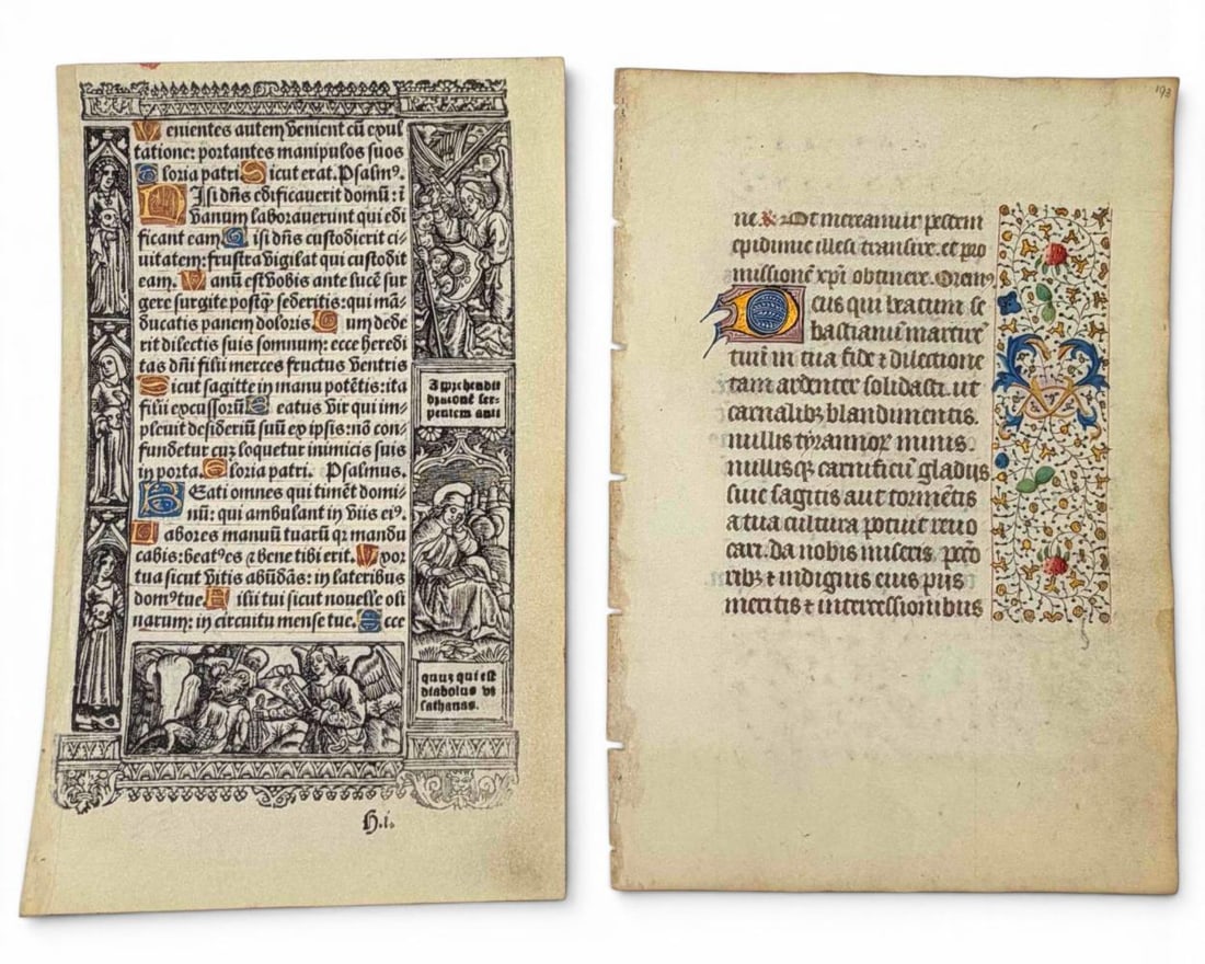 Medieval Illuminated Manuscript Leaves And Hand Colored Early Printed Leaf, Book of Hours Type - 2