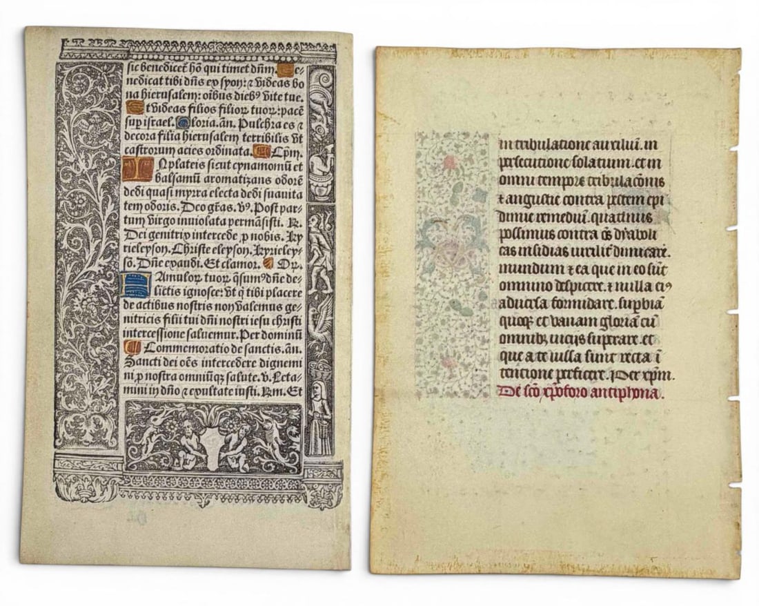 Medieval Illuminated Manuscript Leaves And Hand Colored Early Printed Leaf, Book of Hours Type - 3