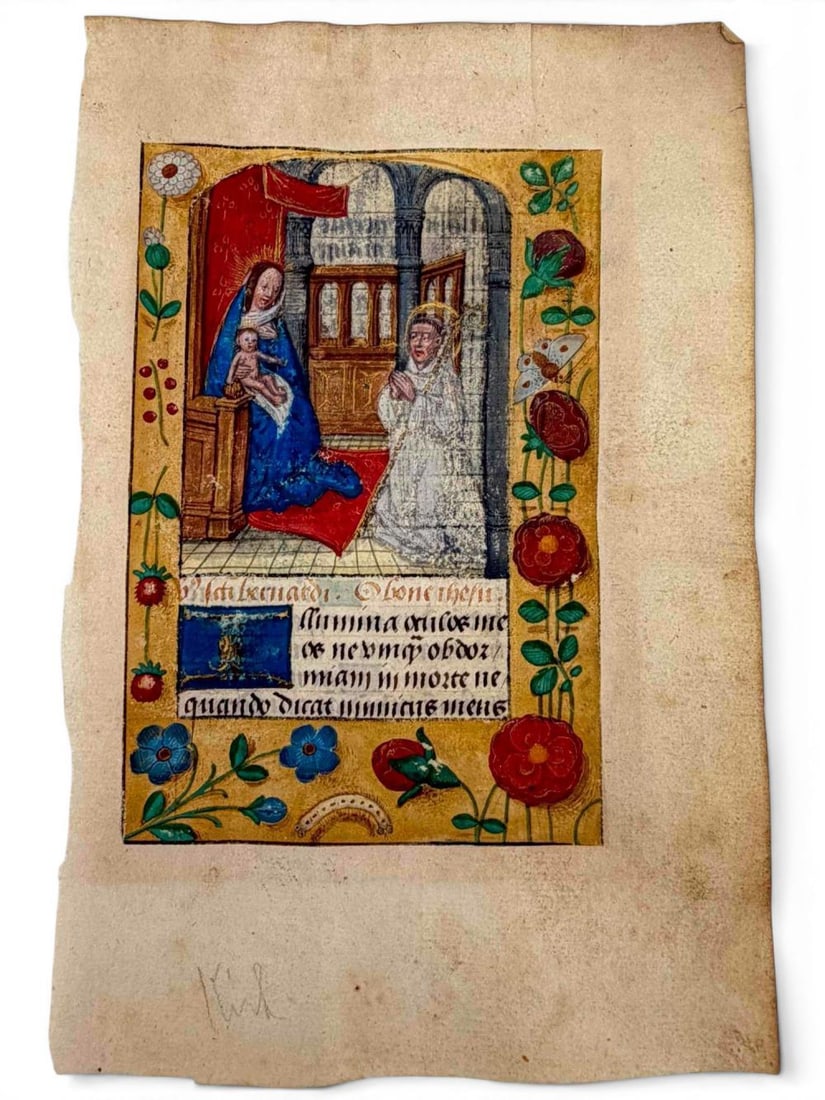 Medieval Illuminated Manuscript Leaves And Hand Colored Early Printed Leaf, Book of Hours Type - 4