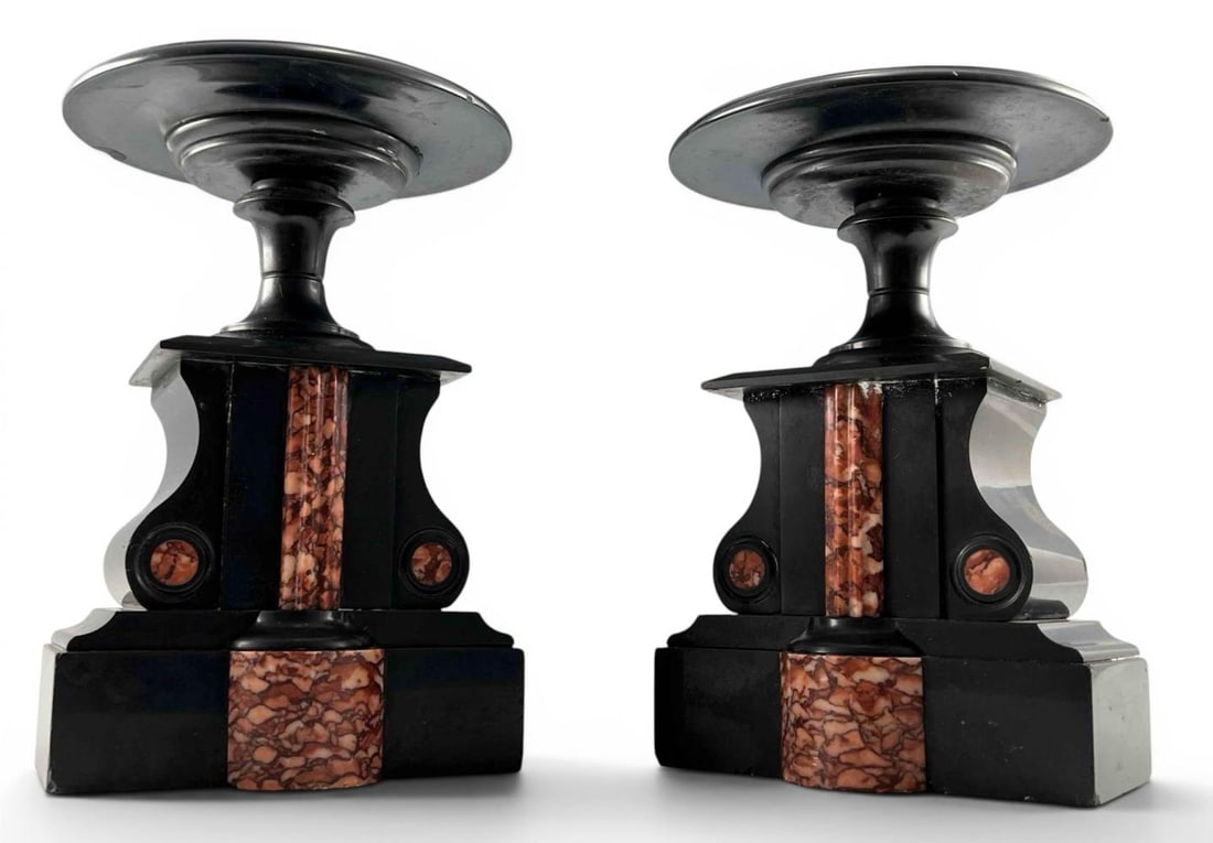 Pair Of 19th Century Italian Marble Tazza: Pair Of 19th Century Black Marble Pedestals. Approximately 10.5H x 6.75W x 7.25D in. Provenance: From the private collection of Joel Rothschild . Please note that winning bidders are not required to s