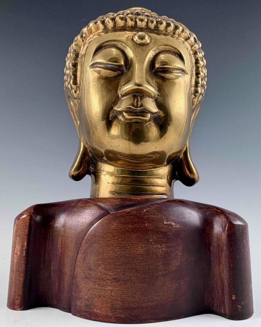Cast Brass & Wood Buddha Bust (1 of 11)