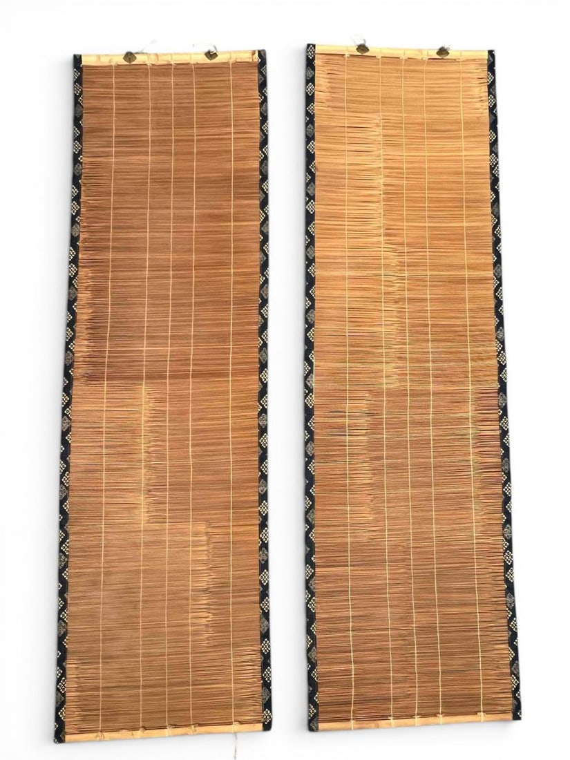 Pair Of Japanese Bamboo Sudare Blinds: Pair Of Japanese Bamboo Sudare Blinds With Printed Indigo Cotton Borders. Approximately 5.0L x 1.46W ft. (Approximately 60.0L x 17.5W in.)Please note that winning bidders are not required to select th