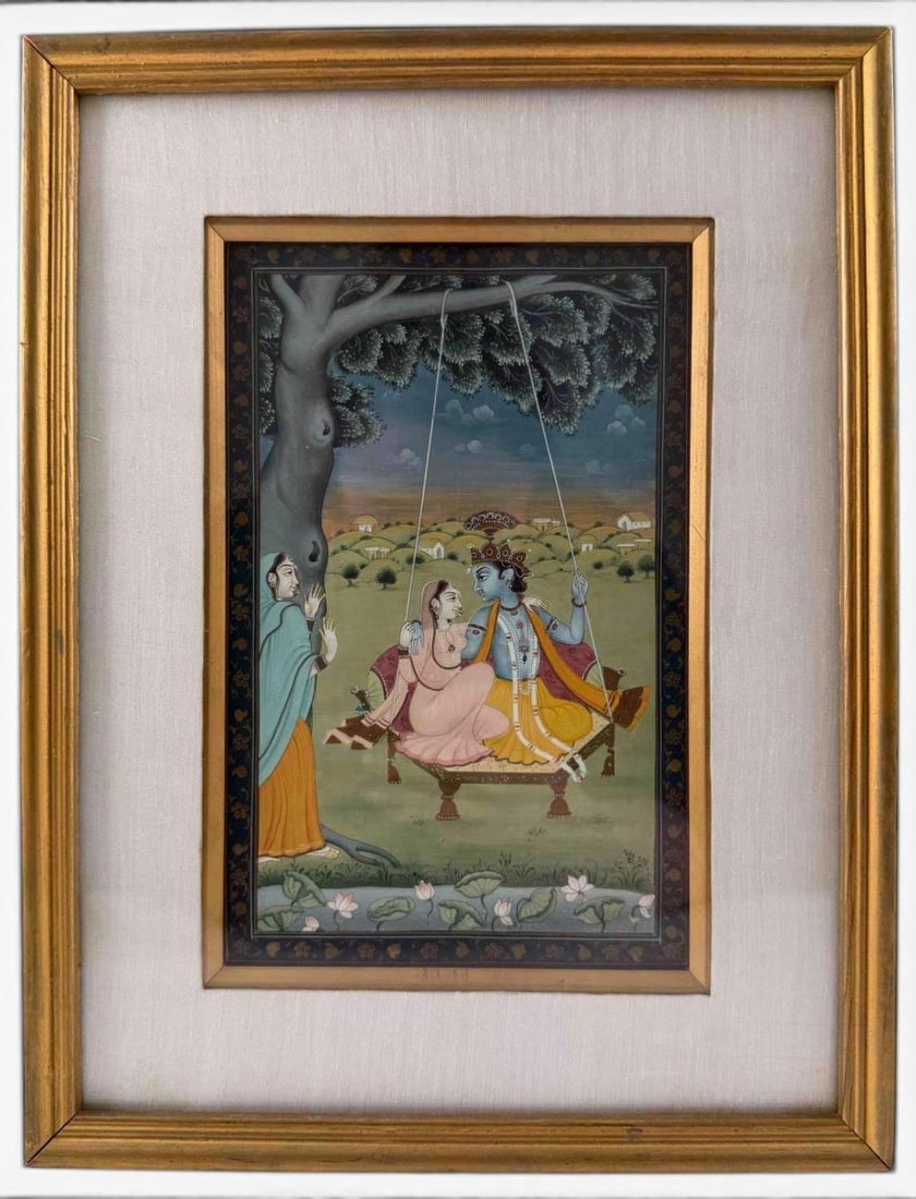 Rajasthani Miniature Painting, Krishna And Radha, 20th Century: Rajasthani Miniature Painting, Krishna And Radha, 20th Century. As framed approximately 11.5H x 8.875W x 1.25D in. Sight approximately 7.5H x 4.875W in . Please note that winning bidders are not requi