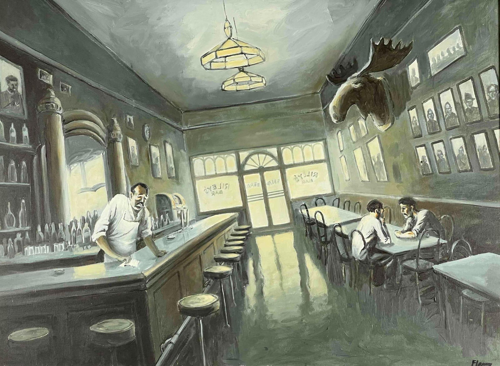 David Fleming (California, 20th/21st C.) Riley's Bar, Acrylic On Canvas: David Fleming (California, 20th/21st C.) Riley's Bar, Acrylic On Canvas. Signed lower right. As framed approximately 43.125W x 33.125H x 1.0D in. Sight approximately 39.5W x 29.5H in.