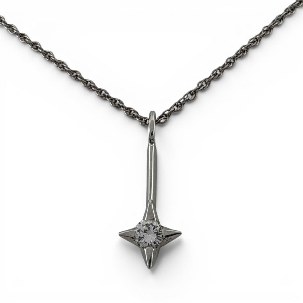 Mid Century 14K White Gold Diamond Star Necklace: Mid Century 14K White Gold Diamond Star Necklace, 2.3g. Marked "Atlas 14K." Pendant approximately 20.4 x 7.7mm. Diamond approximately 3.5mm. Chain length approximately 16.0in. ALL CREDIT CARDS WILL