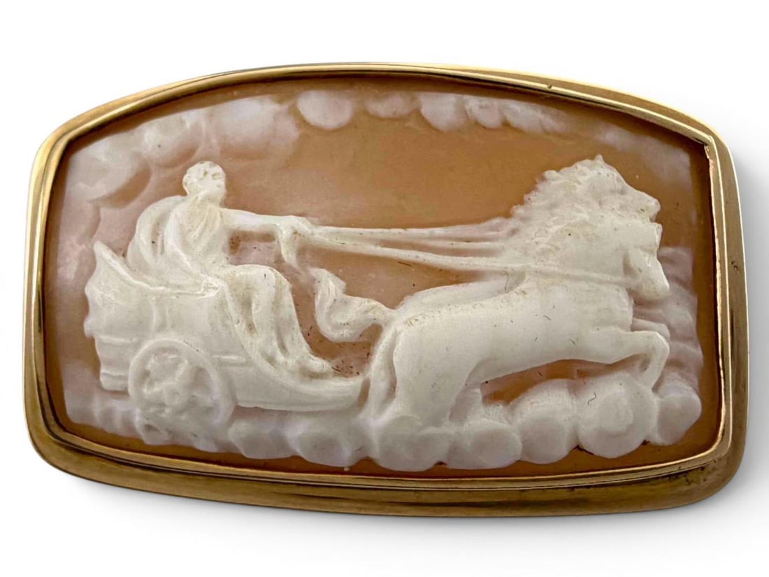Antique 10K Shell Cameo Brooch, Classical Scene, Helios With Chariot: Antique 10K Shell Cameo Brooch, Classical Scene, Helios With Chariot, 10.4g. Unmarked, tests as 10K. Approximately 1.58L x 1.02W in. ALL CREDIT CARDS WILL BE MANUALLY VERIFIED PRIOR TO SHIPMENT.