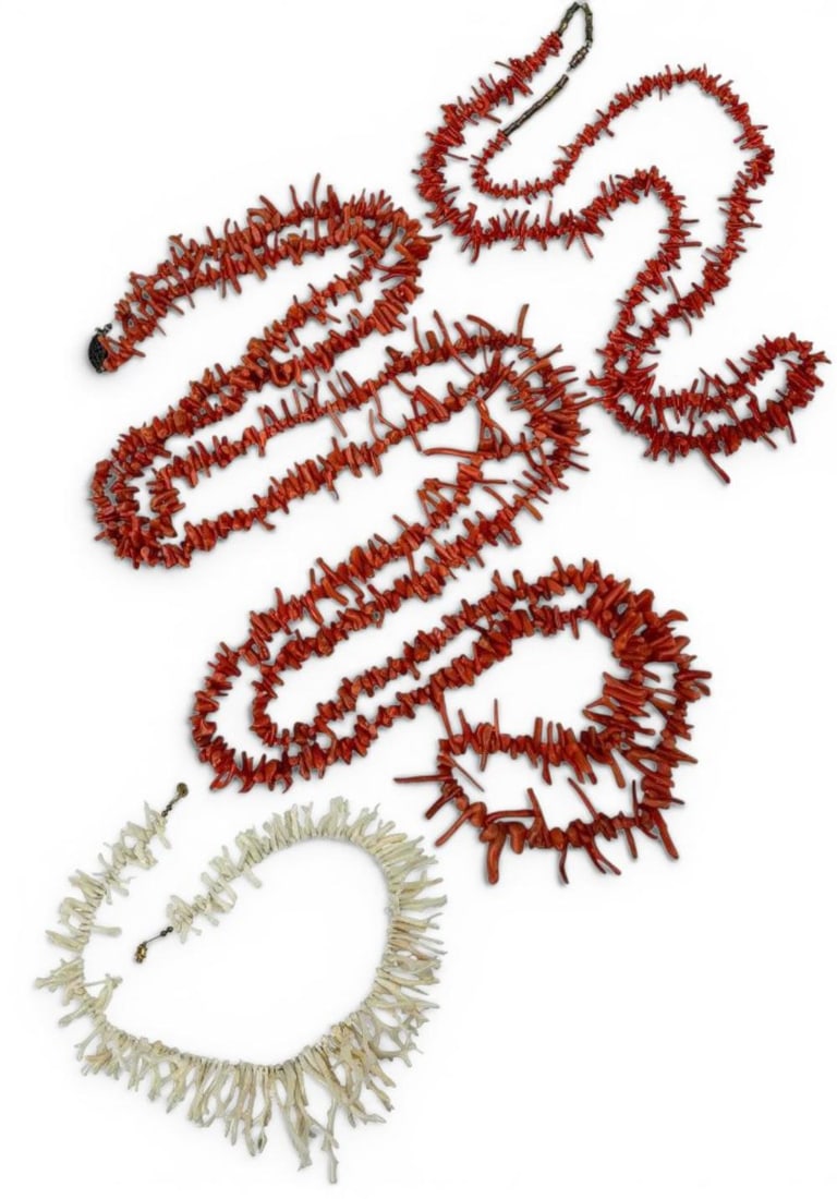 Three Vintage Branch Coral Necklaces: Three Vintage Branch Coral Necklaces. Longest strand approximately 58.0in. Shorter red coral necklace approximately 33.75in. White coral necklace approximately 17.0in. Longest coral piece approximatel
