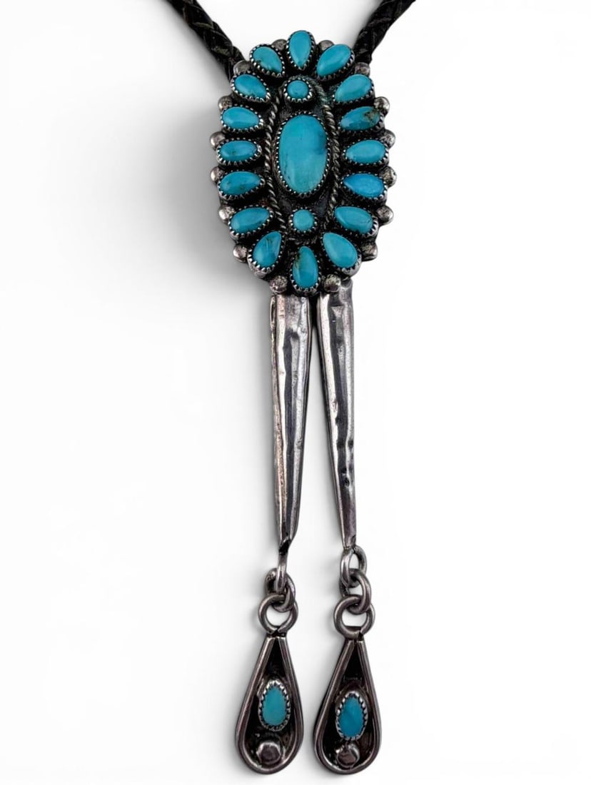 Aaron Anderson, Navajo Sterling Silver Turquoise Bolo Tie With Sterling Tips (1 of 10)