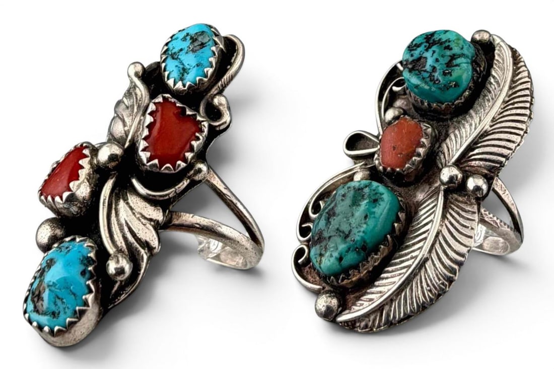 Two Navajo Sterling Silver Turquoise & Coral Rings (1 of 6)