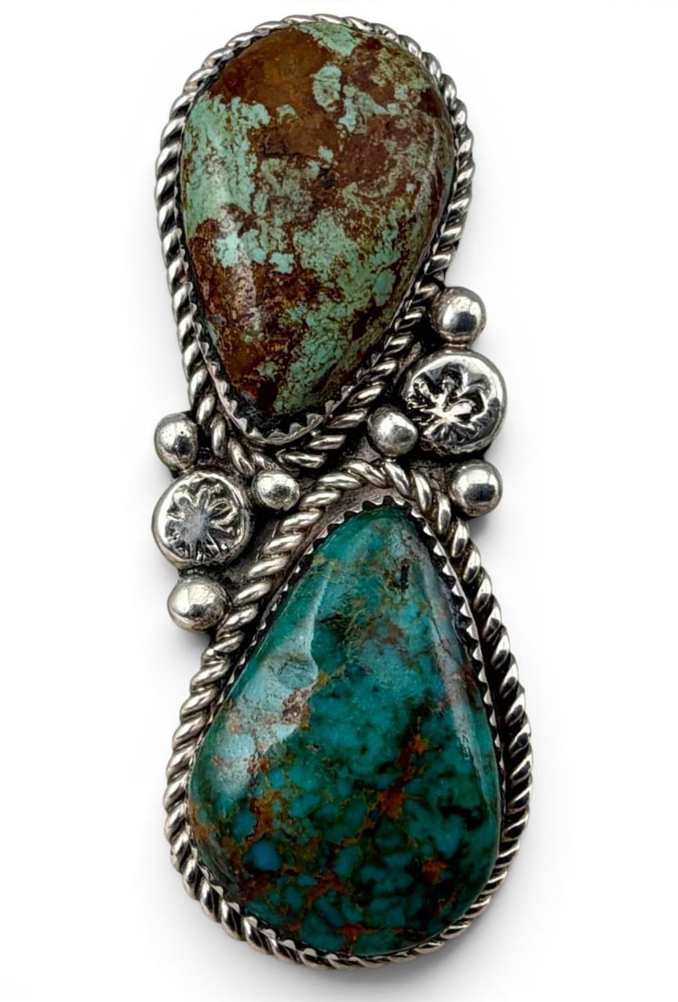 Nettie Yazzie, Navajo Sterling Silver Turquoise Ring: Nettie Yazzie, Navajo Sterling Silver Turquoise Ring, 21.0g. Signed "Y." Marked "Sterling." Ring front approximately 2.3L x 0.86W in. Turquoise approximately 25.6mm x 18.2mm and 25.2 x 16.4mm. Approxi