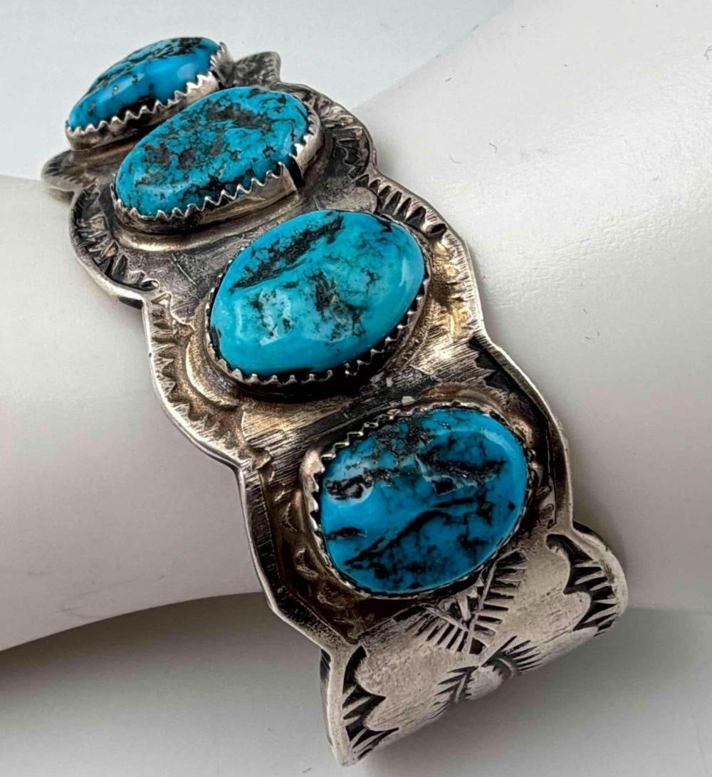 Shawn Cayatineto, Navajo Hand Stamped Sterling Silver Turquoise Cuff Bracelet: Shawn Cayatineto, Navajo Hand Stamped Sterling Silver Turquoise Cuff Bracelet, 73.7g. Signed "SC." Marked "Sterling." Inner cuff approximately 5.5in. Cuff break approximately 1.25in. Width approximate