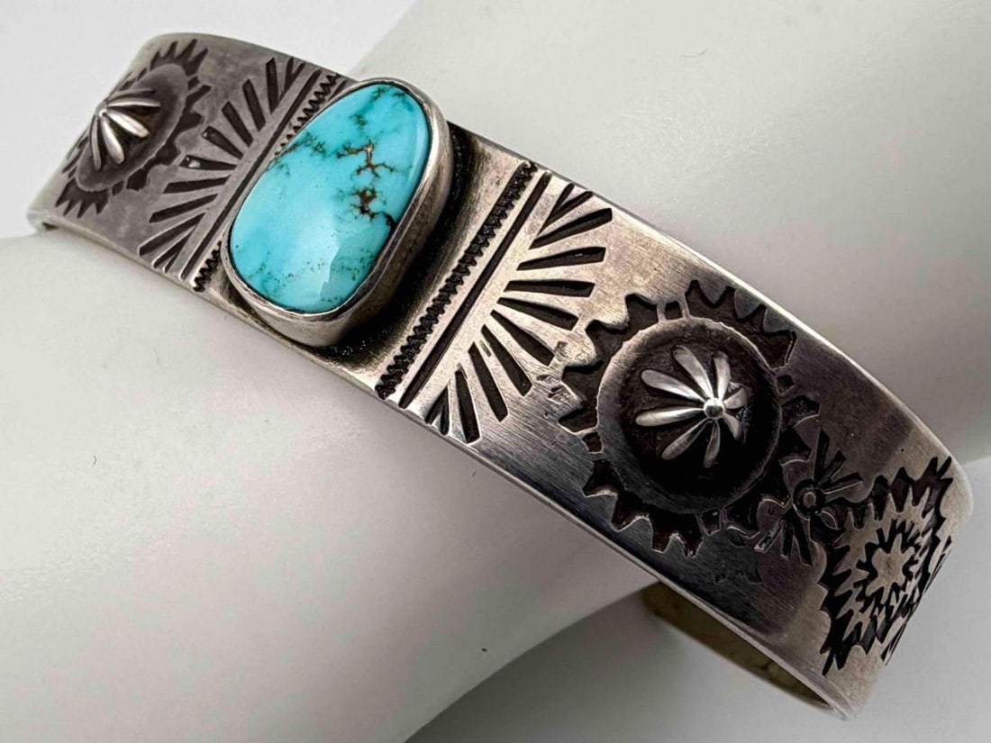 Navajo Hand Stamped Sterling Silver Turquoise Cuff Bracelet (1 of 7)