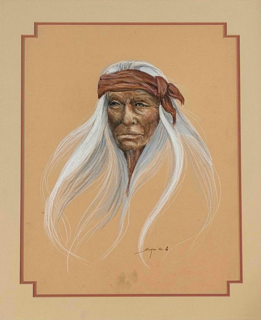 Carole Bourdo (American, 20th C.), Portrait Of A Native American Woman, Pastel On Paper: Carole Bourdo (American, 20th C.), Portrait Of A Native American Woman, Pastel On Paper. Signed lower right. Dated 1982. Frame approximately 31.5H x 27.75W x 1.5D in. Sight approximately 19.5H x 15.5W