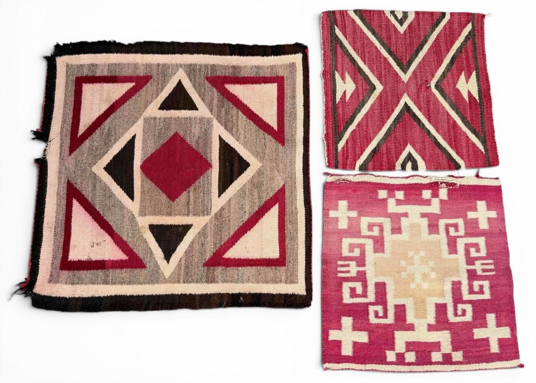 Three Navajo Weavings, c. 1920: Three Navajo Weavings, c. 1920. Largest approximately 29.5L x 29.5W in. Smaller approximately 20.5L x 20.5W in. and 19.5L x 19.5W in.
