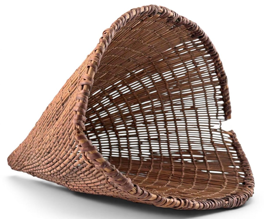 Hupa Yurok Karuk Conical Basket: Hupa, Yurok, or Karuk Native American Twined Conical Basket. Approximately 13.5L x 13.5W in.