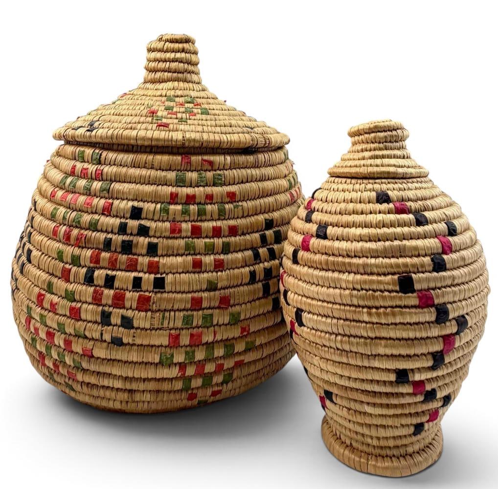 Two Yup'ik Alaskan Native American Coiled Grass & Dyed Seal Gut Lidded Baskets (1 of 20)