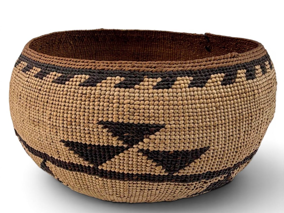 Hupa, Yurok, Karuk Native American Woven Basket: Native American Basket attributed to the Hupa, Yurok, or Karuk tribes of Northern California. Features a rounded form with repeating dark trilobed geometric motif woven around the body and base.