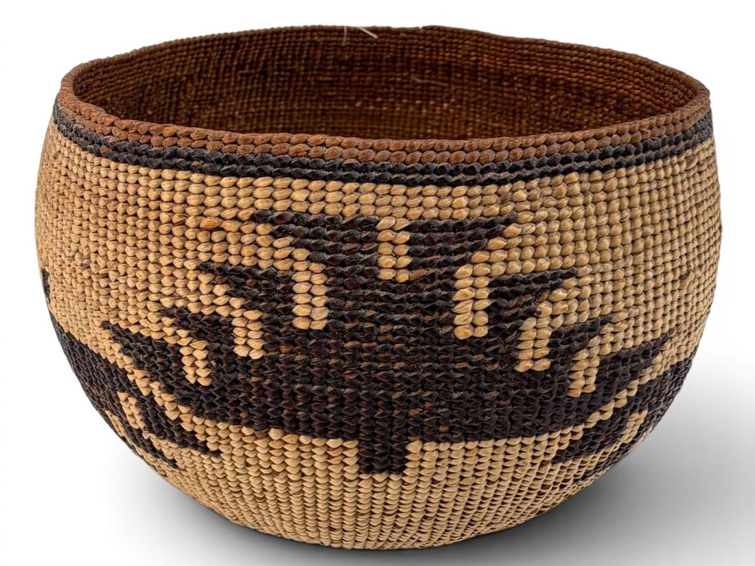 Hupa, Yurok, Karuk Native American Basket: Native American Basket attributed to the Hupa, Yurok, or Karuk tribes of Northern California. Attached collection label reads "1-14." Approximately 3.5H x 5.75W in.