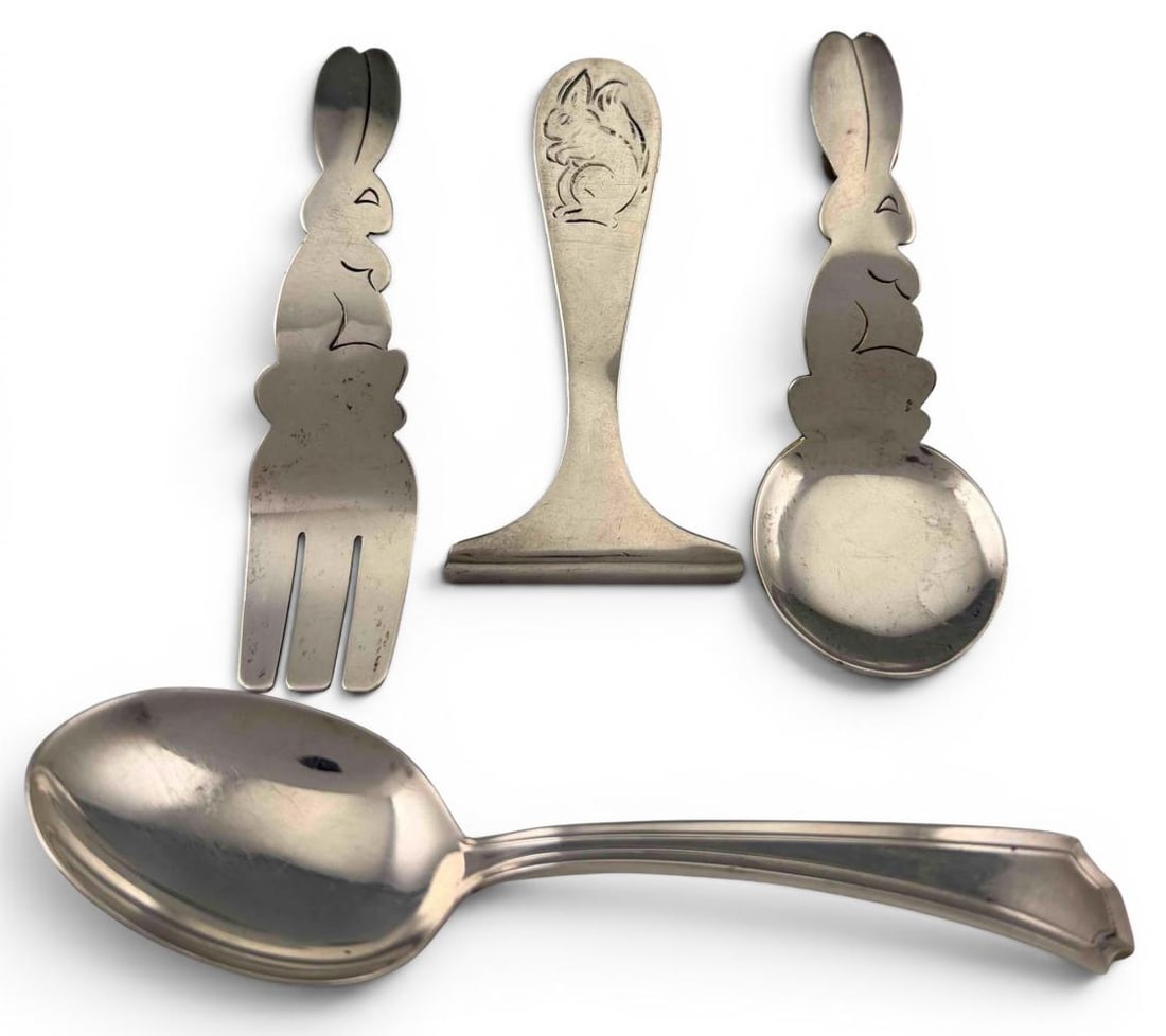 Sterling Silver Bunny & Squirrel Baby Serving Pieces: Sterling Silver Bunny & Squirrel Baby Serving Pieces, 67.1g. Bunny fork and spoon marked "Sterling Handmade." Baby food pusher unmarked, tests as sterling. Second spoons marked "Gorham Sterling." Fork