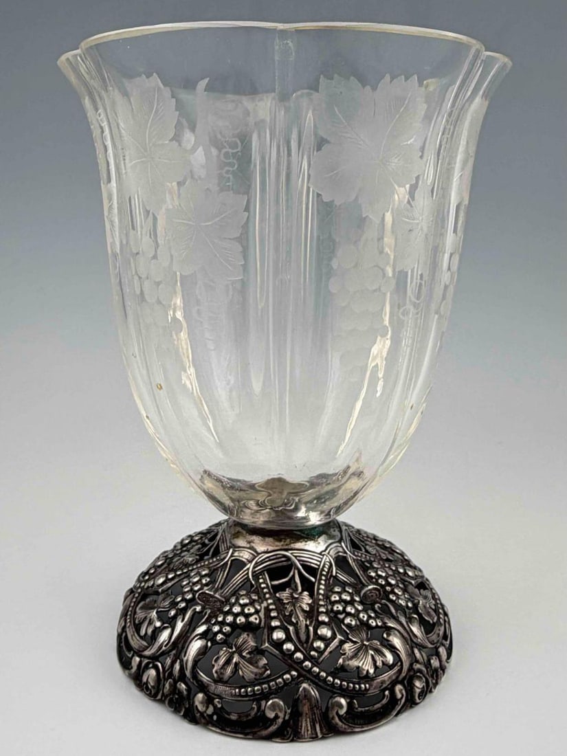 German 800 Silver Etched Glass Vase With Grapevine Motif: German 800 Silver Etched Glass Vase With Grapevine Motif. Marked "800 Germany." Approximately 7.75H x 5.875W in.