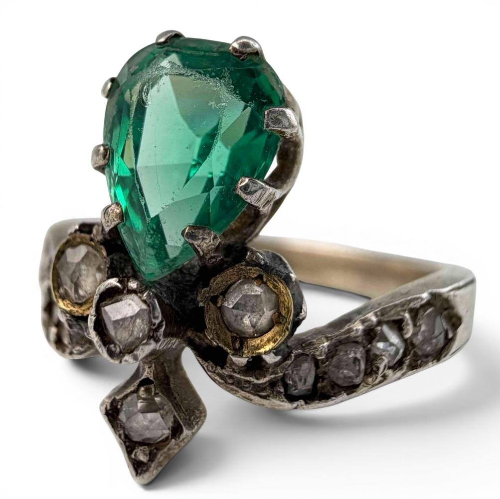 Antique Victorian Sterling Silver, Rose Cut Diamond & Green Glass Ring: Antique Victorian Sterling Silver, Rose Cut Diamond & Green Glass Ring, 3.5g. Unmarked, tests as sterling silver with traces of gilding. Approximate ring size 7. Width at front approximately 15.2mm. P