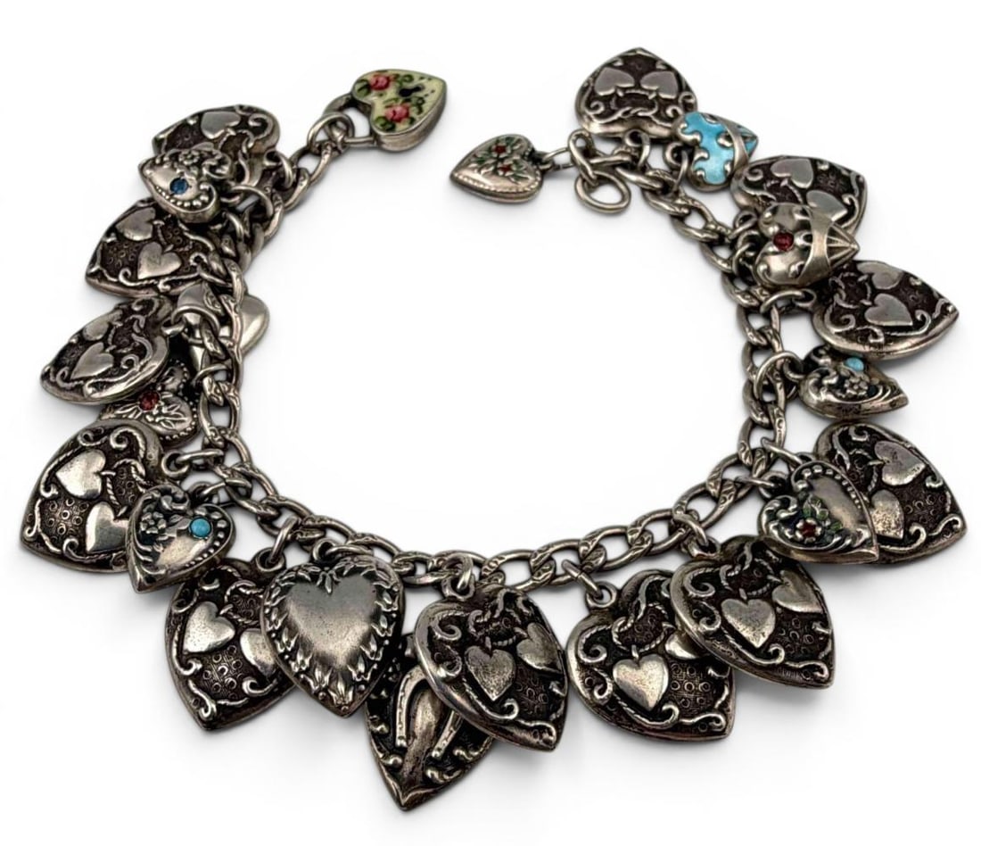 Vintage Walter Lampl Sterling Silver Puffy Heart Charm Bracelet, 24 Charms (1 of 9)