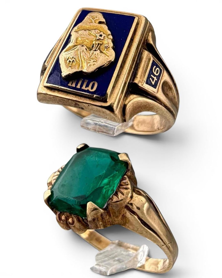 Two Vintage 10K Gold Rings: Two Vintage 10K Gold Rings, 8.0g total weight. Marked "10K." Includes Hilo High School Hawaii 1946 class ring and vintage simulated emerald ring. Hilo class ring approximate size 6. Simulated emerald