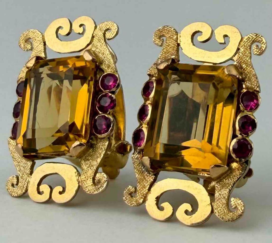 14K Citrine & Pink Sapphire Earrings: 14K Citrine & Pink Sapphire Earrings, 13.1g. Unmarked, test as 14K. Approximately 25.3 x 16.2mm. Citrine approximately 13.2 x 10.8mm. ALL CREDIT CARDS WILL BE MANUALLY VERIFIED PRIOR TO SHIPMENT.