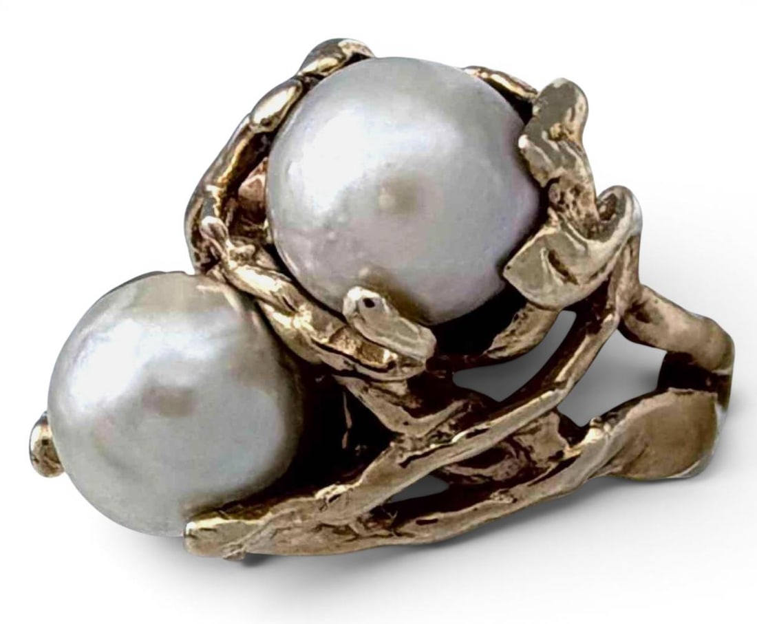 14K Yellow Gold Brutalist Pearl Rings, Ca. 1970s: 14K Yellow Gold Brutalist Pearl Rings, Ca. 1970s, 11.4g. Marked "14K," signed illegibly. Pearls approximately 9.0mm. Approximate ring size 6. ALL CREDIT CARDS WILL BE MANUALLY VERIFIED PRIOR TO SHIPME