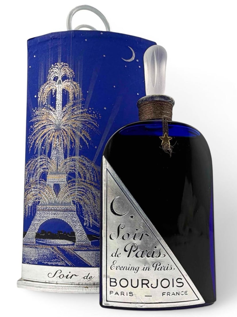 Bourjois, Soir De Paris, Cobalt Blue Art Deco Perfume Bottle And Box: Bourjois, Soir De Paris, Cobalt Blue Art Deco Perfume Bottle And Box, Sealed Bottle. Label marked "Soir de Paris Evening in Paris Bourjois Paris- France." Underside of bottle marked "France." Bottle a