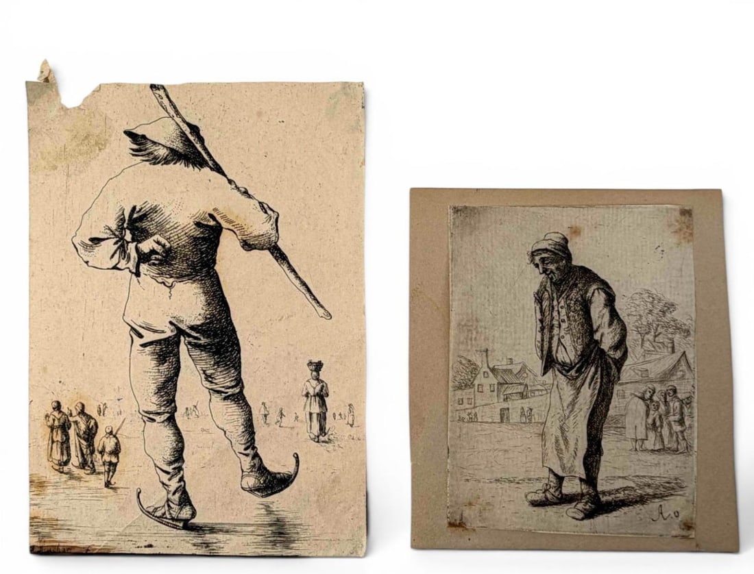 Two Antique Figural Etchings On Paper, Peasant Scenes (1 of 7)