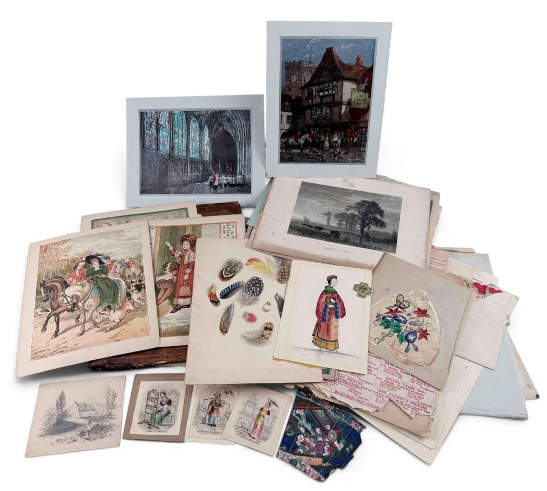 Lot Of Ephemera, Including Original Paintings, Drawings, Valentines, Illustrations: Lot Of Ephemera, Including Original Paintings, Drawings, Valentines, Illustrations, Articles, And More. Includes Chinese export gouache painting of woman, approximately 7.0H x 5.0W in.Antique tooled g