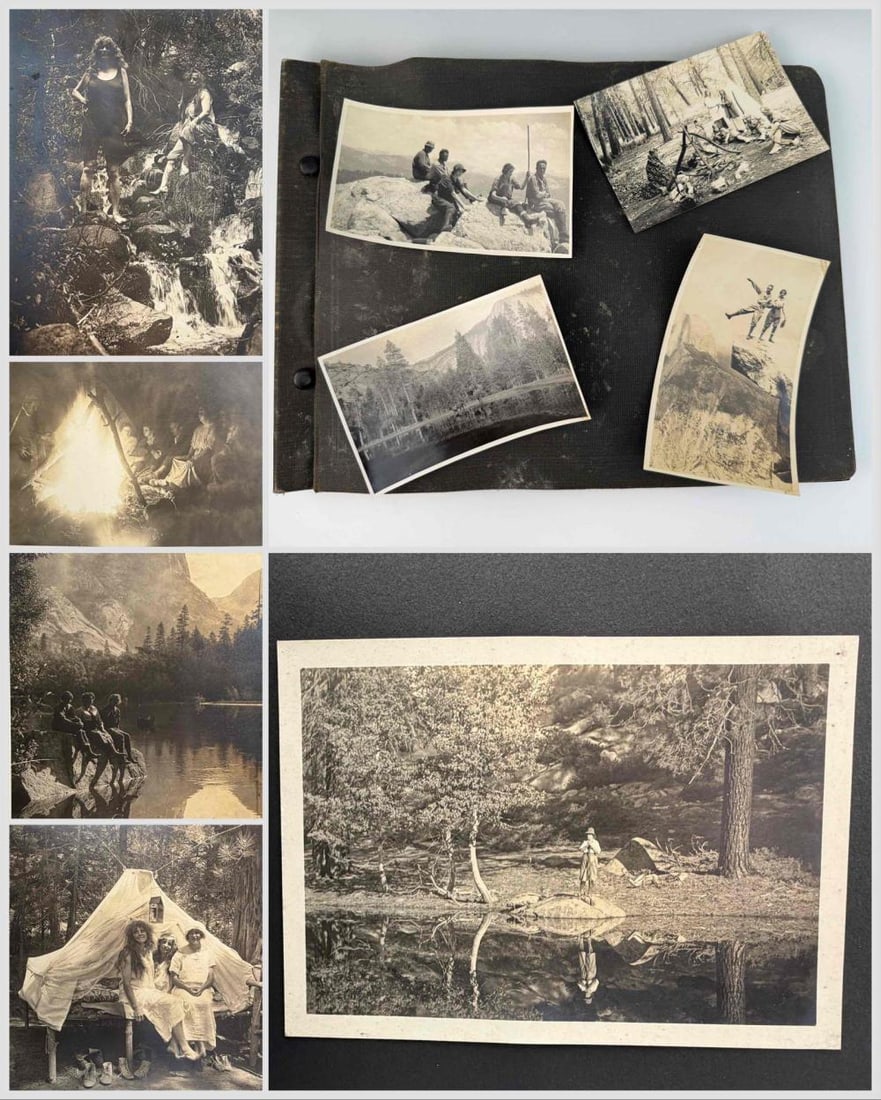 1918 Yosemite And Bear Valley Camping Trip Photograph Album: 1918 Yosemite And Bear Valley Camping Trip Photograph Album. Contains more than 50 photographs of campers and hikers, many women, with several images captioned. Album approximately 13.75L x 10.25H x 1