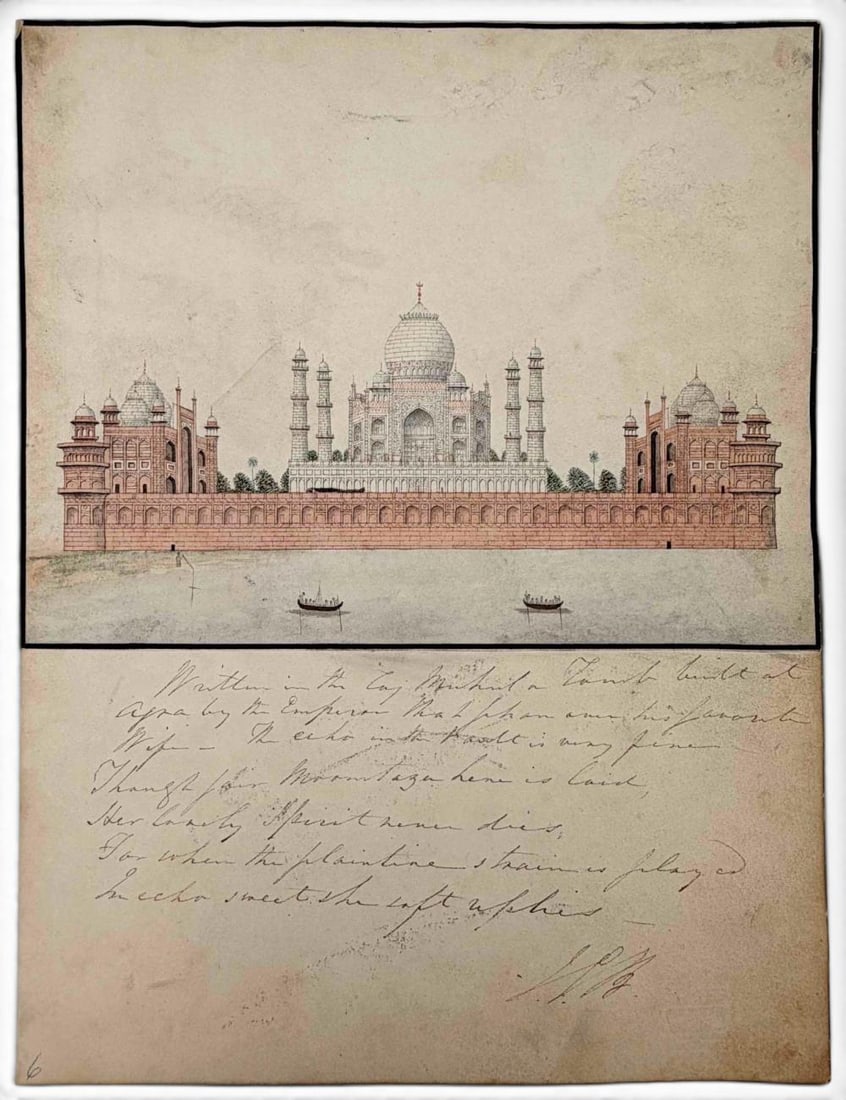 View Of The Taj Mahal, Indian Company School, 19th C. Ink And Watercolor On Paper: View Of The Taj Mahal, 19th C. Indian Company School, Watercolor And Ink On Paper. Affixed to letter that reads " Written in the Taj Mahal a Tomb built at Agra by the Emperor Shah Jahan over his favor
