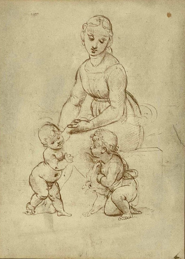 After Raphael D'Urbino, Mary With Infant Jesus And John The Baptist, Work On Paper (1 of 9)